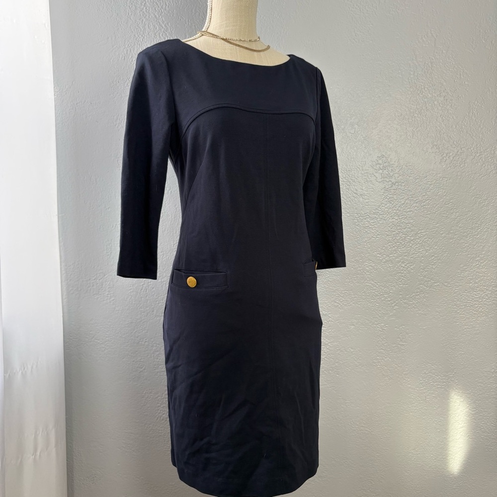 Vince Camuto Navy Quarter Sleeve Dress with Gold Button Details - Picture 1 of 6